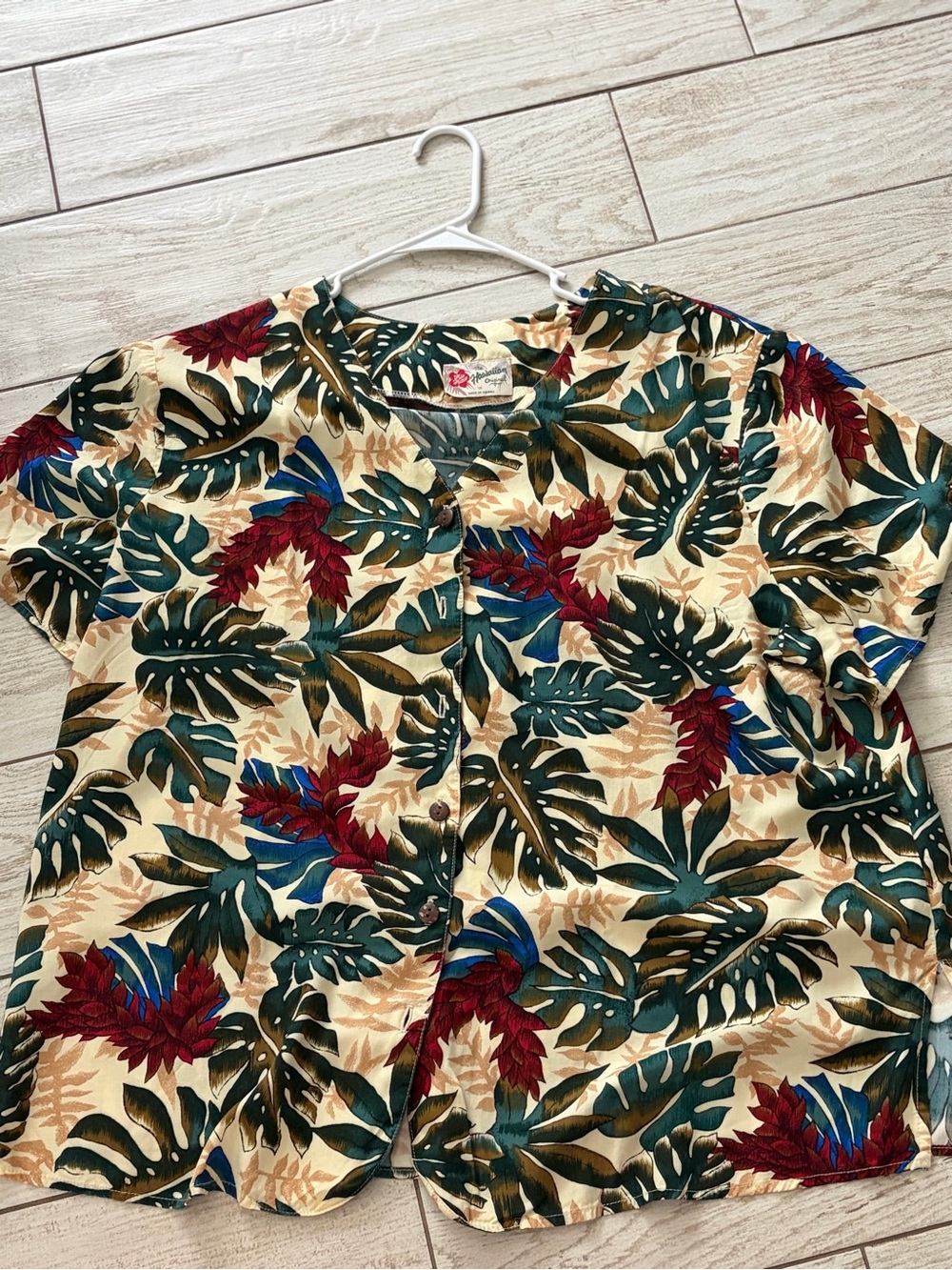 Hilo Hattie Cream Shirt with Green, Teal & Red Tropical Print